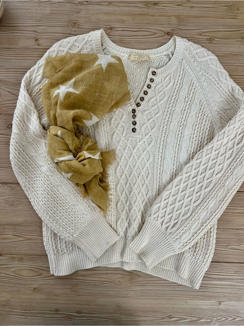 Sezane Cream Cable-Knit Henley Sweater